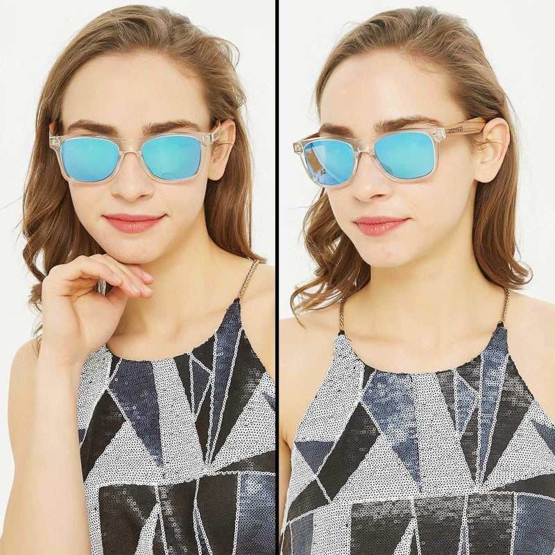 ANDWOOD Wood Sunglasses Polarized for Men Women Uv Protection Wooden Bamboo Frame Mirrored Sun Glasses Clear Blue Shades - Image 3
